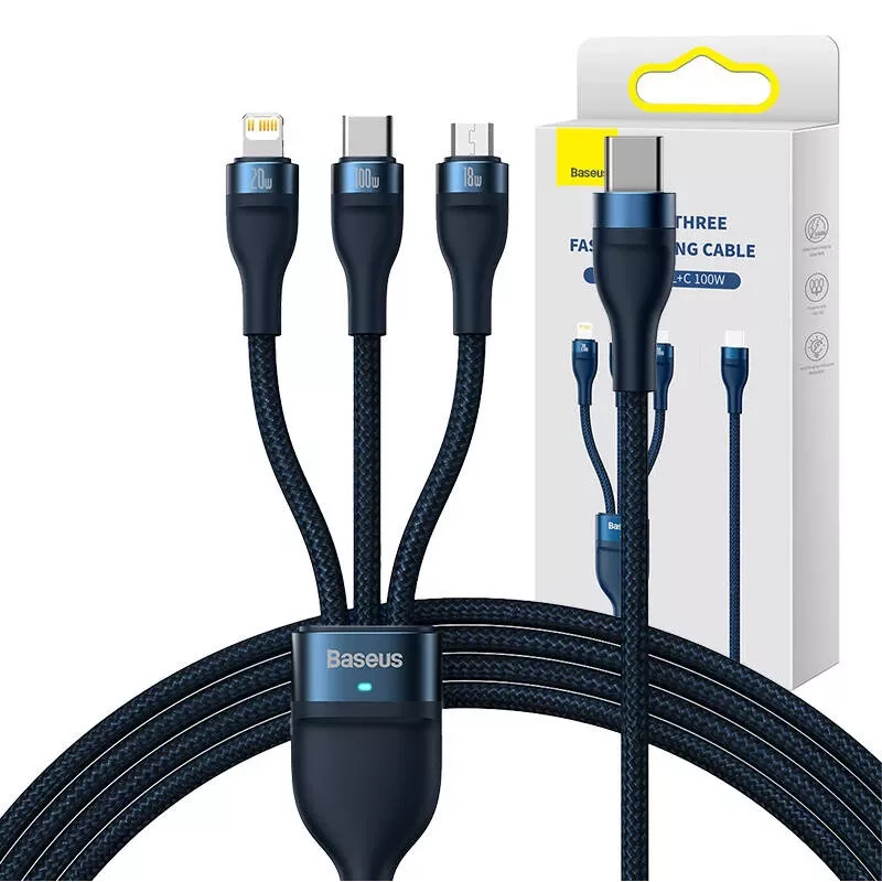 Kabel USB 3w1 Baseus Flash Series 2, USB-C + micro USB + Lightning, 100 W, 1,5 m (niebieski)
