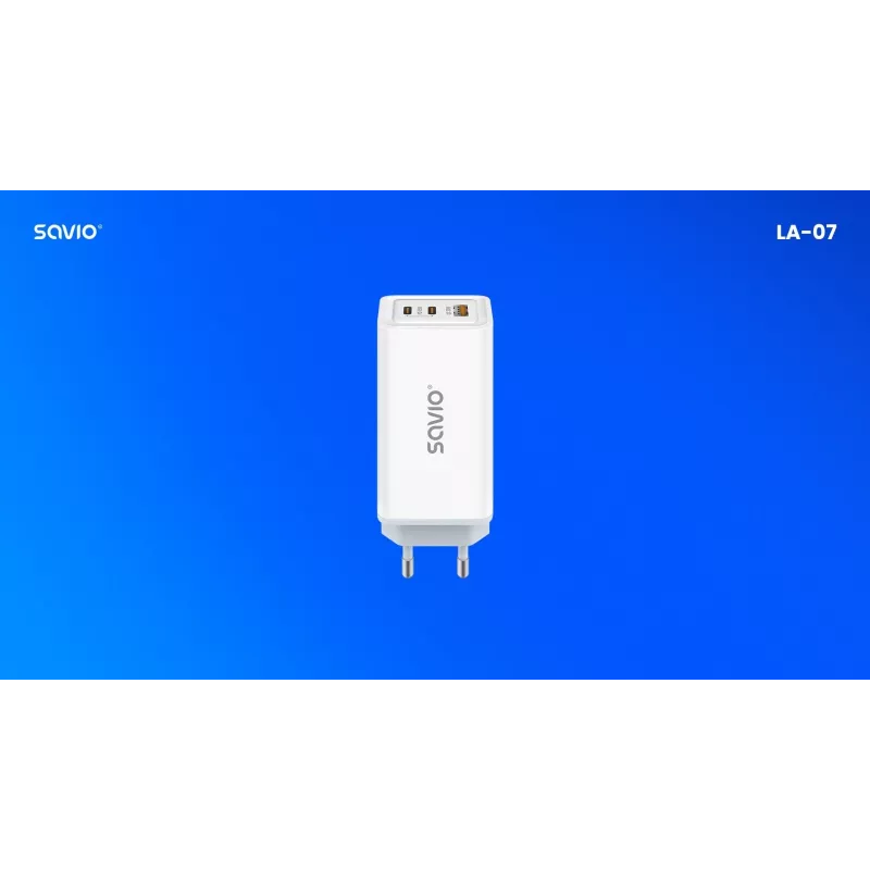 Ładowarka sieciowa SAVIO LA-07 GaN 65W, USB, QC4.0+, PD 3.0, Biała