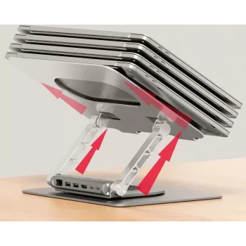 Stojak na laptopa Unitek D1109B01 — aluminiowy regulowany stojak z odłączanym modułem USB‑C HDMI 4K PD 100W, 2x USB‑A, RJ‑45, do 17 cali