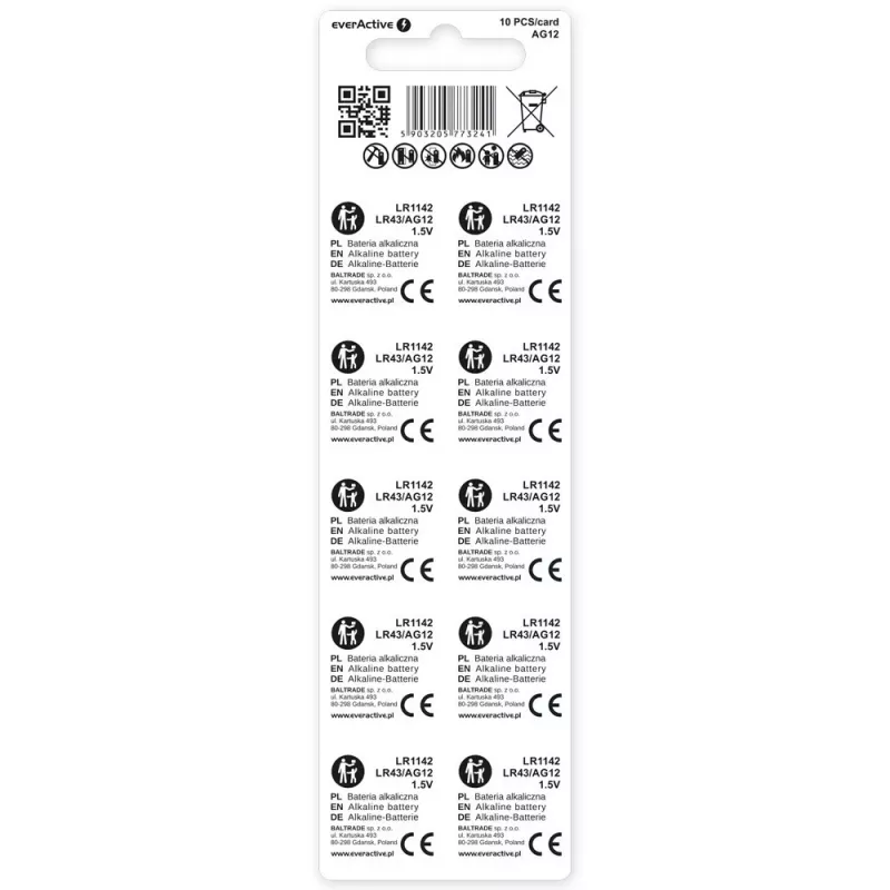 alkaliczna bateria pastylkowa everActive G12 AG12 1.5V — opakowanie 10 szt.