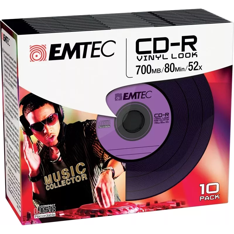 EMTEC Vinyl Look - 10 x CD-R - 700 MB (80 Min) 52x - Niebieski, Żółty, Liliowy, Zielony, Różowy - Slim Jewel Case
