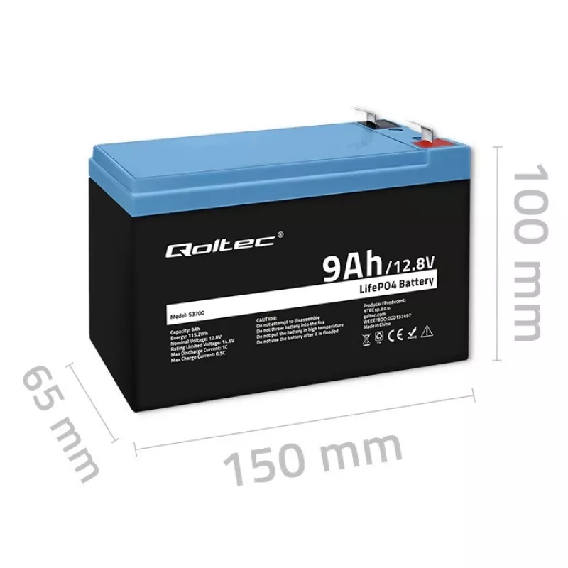 bateria LiFePO4 Lithium Iron Phosphate 12.8V 9Ah 115.2Wh