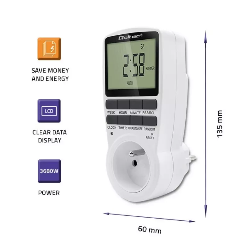 Elektroniczny timer QOLTEC PC0628 z wyświetlaczem LCD, odliczanie 24-godzinne