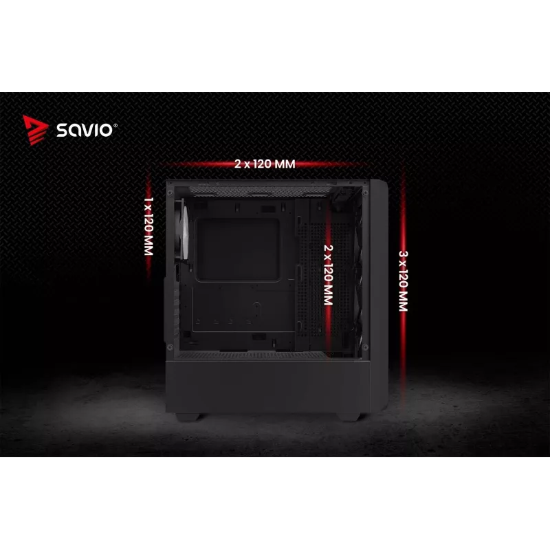 Obudowa PC Cube SAVIO Noctis Glass RGB — Czarny, ATX/Micro-ATX, 210×410×450 mm, 3×120 mm wentylatory z przodu