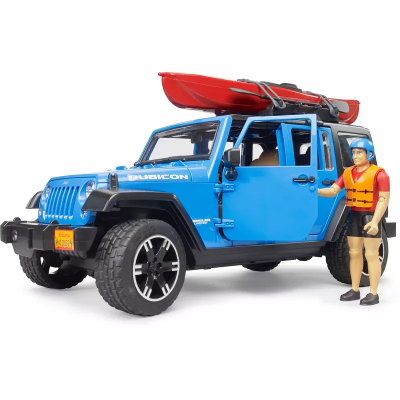 Model pojazdu zabawkowego BRUDER Jeep Wrangler Rubicon Unlimited z kajakiem i figurką BR-02529