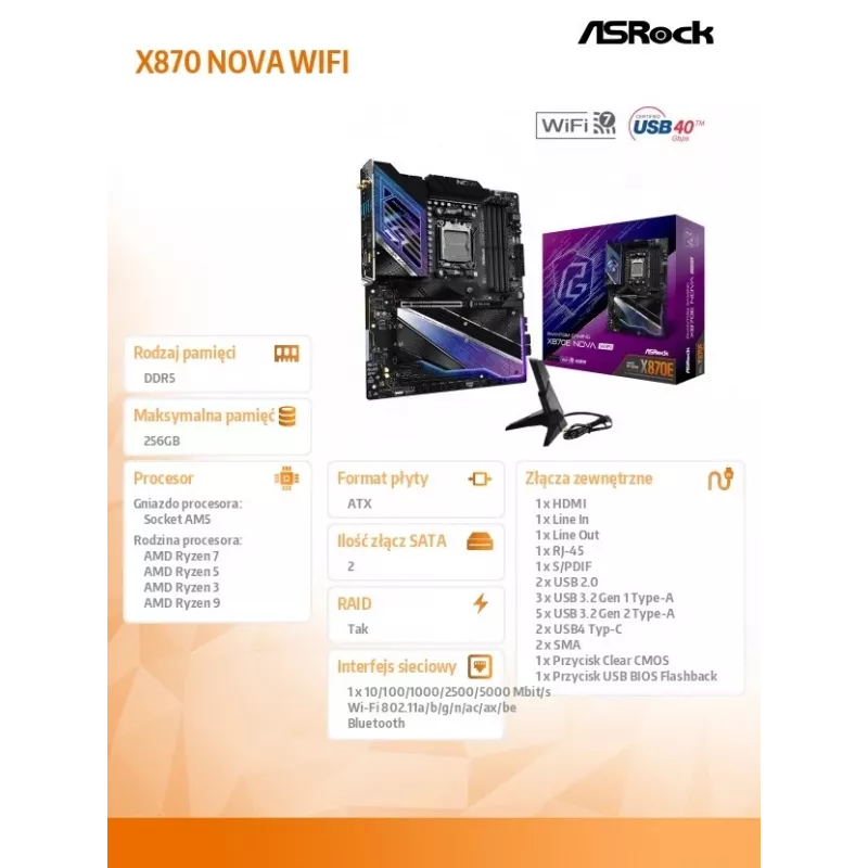 Płyta główna ASRock X870 NOVA WIFI — AMD X870, Socket AM5, ATX, 4× DIMM DDR5, 256GB, Wi‑Fi 6E, 2.5GbE