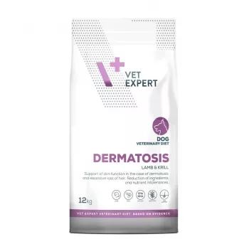 Sucha karma dla psa VETEXPERT Dermatosis Lamb & Krill 12 kg — dieta weterynaryjna przy problemach skórnych, białko 24%, tłuszcz 17%
