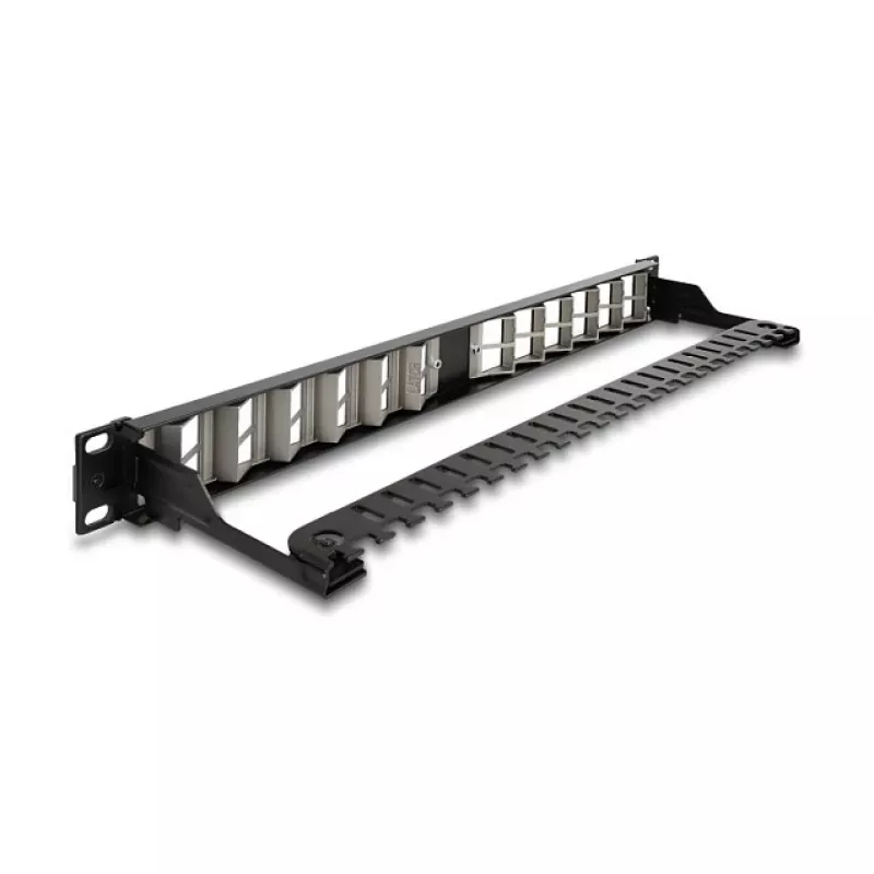 DELOCK 19 calowy keystone panel krosowy 24-portowy kątowy z odciążeniem, 1U, czarny, 482,6×125,5×44,2 mm