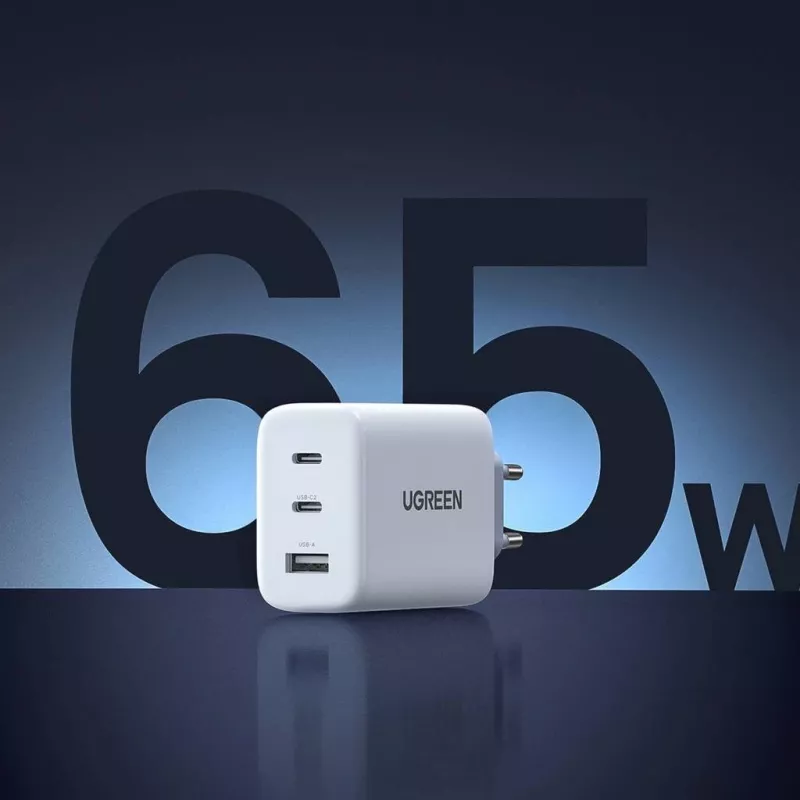 Ładowarka sieciowa UGREEN CD275 2× USB Type-C 65W biała — podwójne USB-C szybkie ładowanie 65 W, wejście 100–240 V
