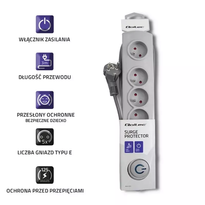 Listwa przeciwprzepięciowa Qoltec 50272 szara 5 gniazd AC 230V 3m