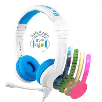 Przewodowy zestaw słuchawkowy BuddyPhones School+ — Pałąk na głowę, wokółuszne, 20–20000 Hz, kabel 1,4 m, Niebieski/Biały