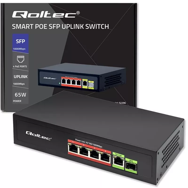 Przełącznik Ethernet PoE QOLTEC 52296 — 4 porty RJ45 PoE, 1 port uplink RJ45
