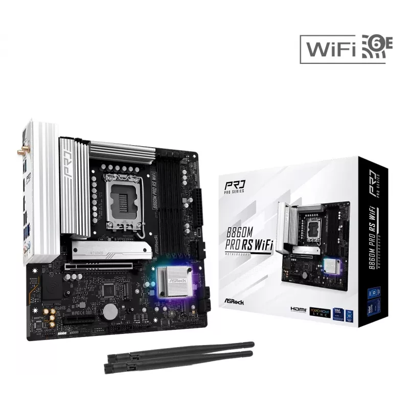 Płyta główna ASRock B860M Pro RS WiFi — Intel B860, LGA 1851, micro ATX, DDR5, 4 DIMM, 3x M.2, 2.5Gb LAN, Wi‑Fi, Bluetooth