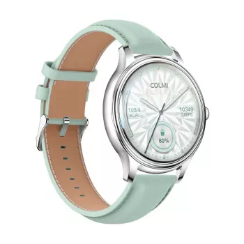 Smartwatch Colmi L28 — Srebrno-zielona koperta z zielonym skórzanym paskiem