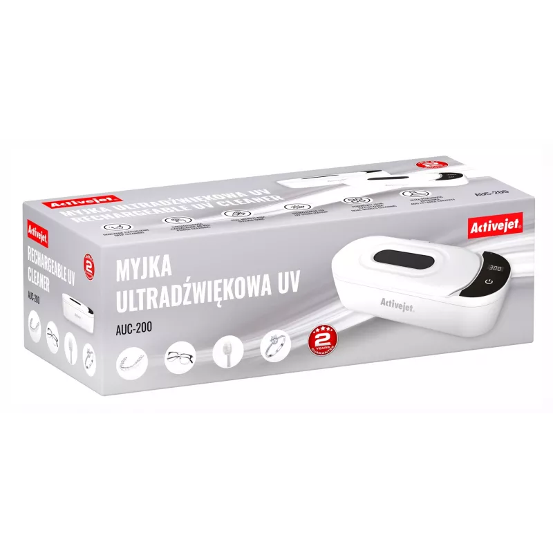 Czyszczarka ultradźwiękowa ActiveJet AUC-200 biała UV, 100–240 V, 231×96×67 mm, 450 g