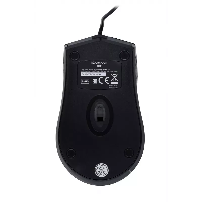 Optyczna mysz symetryczna DEFENDER HIT MB-530 — 1000 DPI, USB Type-A, czarna, przewód 1,5 m