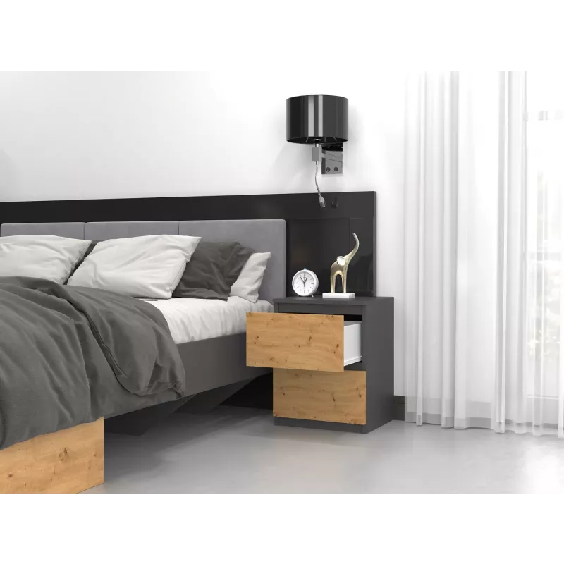 Topeshop W2 ANTRACYT/ARTISAN nightstand/Stolik nocny 2 szuflada(s) antracyt, dąb