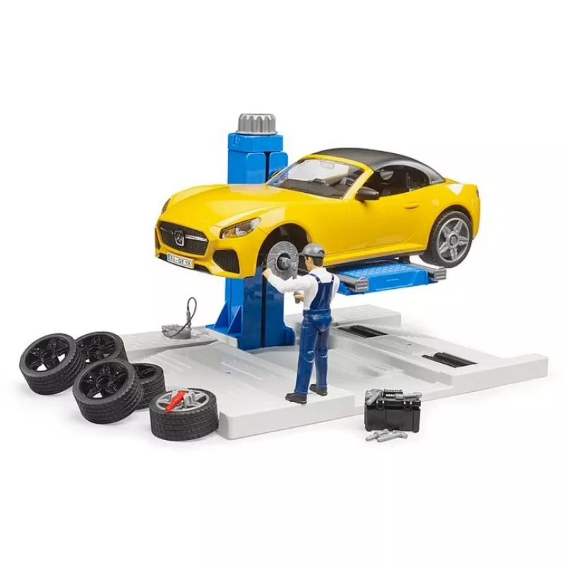 BRUDER Car Service Center bworld 62112 z Roadsterem zestaw do zabawy, figurkami dodatkowymi i elementami warsztatu