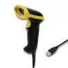 Ręczny czytnik kodów kreskowych QOLTEC 50867 — laserowy skaner 1D/2D, przewodowy USB, zasięg 600 mm, żółto-czarny