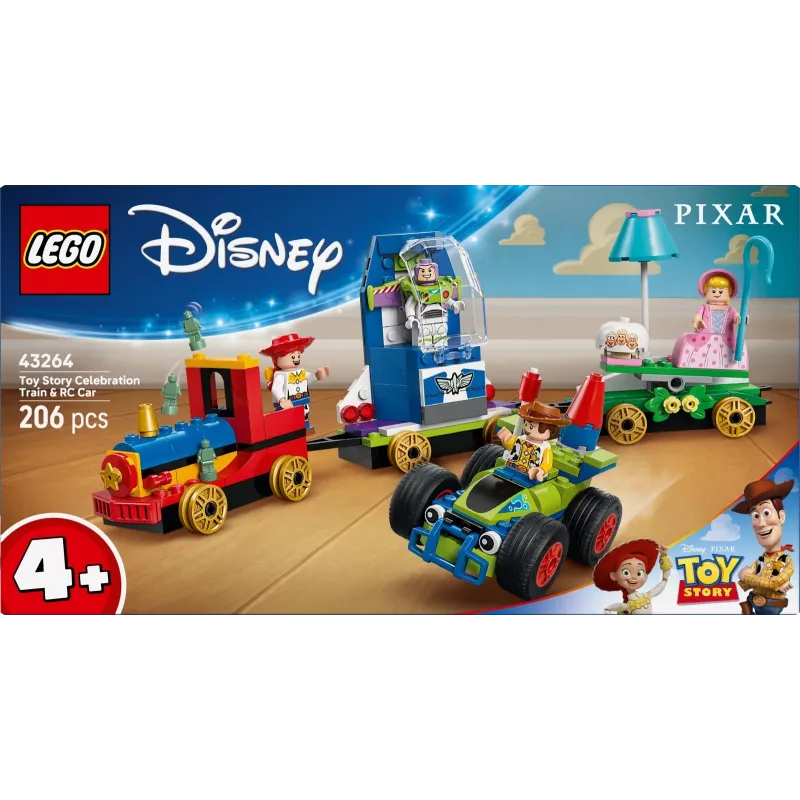 LEGO Disney Toy Story Pociąg świąteczny i samochód RC zestaw 43264 — 206 elementów, 4 minifigurki, wiek 4+