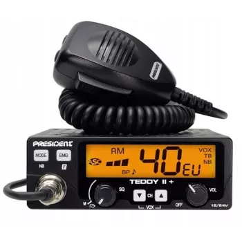 CB radio President Teddy II+ — 40 kanałów, 4W TX, 12/24V, bloker szumów, 125×125×45 mm