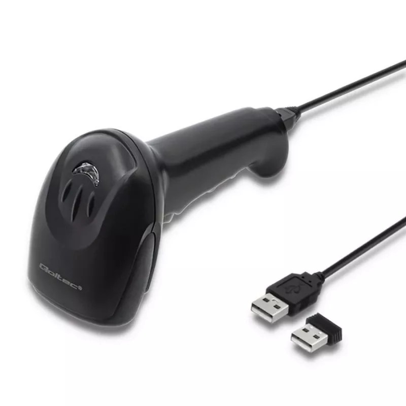 Ręczny czytnik kodów kreskowych QOLTEC 50868 — skaner laserowy 1D/2D, przewodowy i bezprzewodowy USB, odległość robocza 600 mm, czarny
