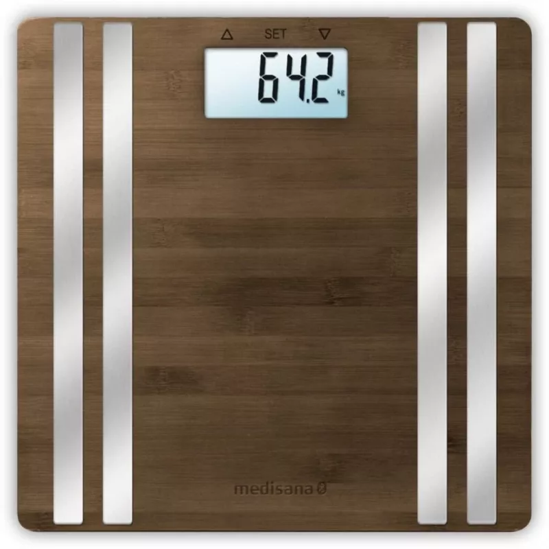 Elektroniczna waga osobista Medisana BS 552 — srebrna z bambusową platformą, maks. 180 kg, dokładność 100 g, Bluetooth, BMI, skład ciała