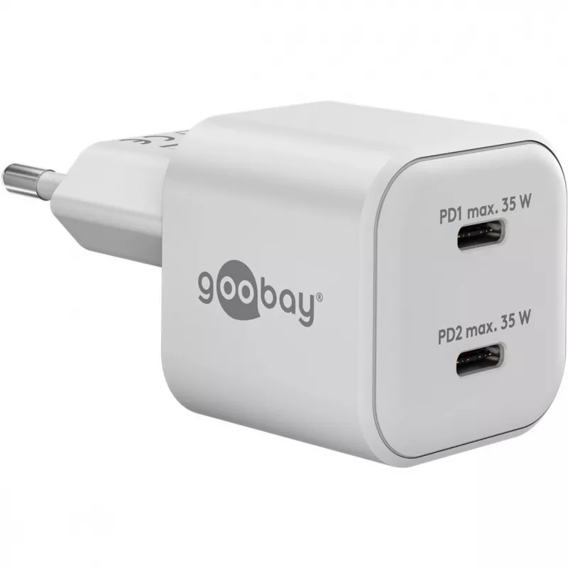 USB-C Nano, dwie szybkie ładowarki, PD, GaN, 35 W (Biały, 2x USB-C, Power Delivery 3.0)
