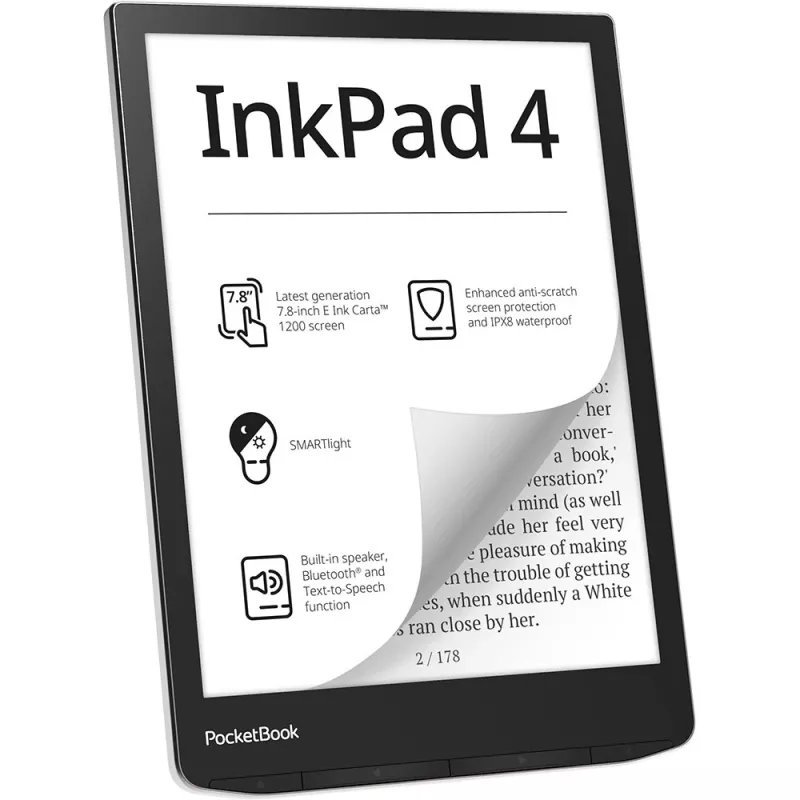 PocketBook InkPad 4 - 19,8 cm (7.8 inch) - E Ink Carta - 1404 x 1872 pikseli - ACSM - AZW - AZW3 - CBR - CBZ - CHM - DOC - DOCX - DjVu - EPUB - EPUB DRM - FB2 - FB2.ZIP - HTM - HTML - MOBI