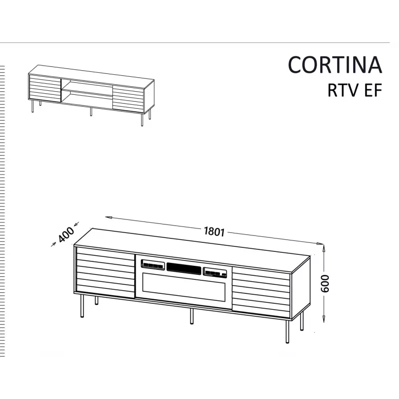 Szafka TV cama meble EF CORTINA 180×40×60 cm, blat czarny, rama orzech