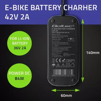 Qoltec Szybka Ładowarka do Hulajnogi Elektrycznej 36V | 42V | 2A | 5.5*2.5 | wodoodporna + kabel zasilający