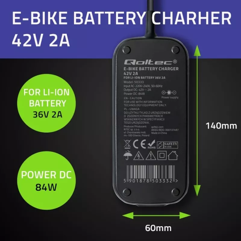 Qoltec Szybka Ładowarka do Hulajnogi Elektrycznej 36V | 42V | 2A | 5.5*2.5 | wodoodporna + kabel zasilający