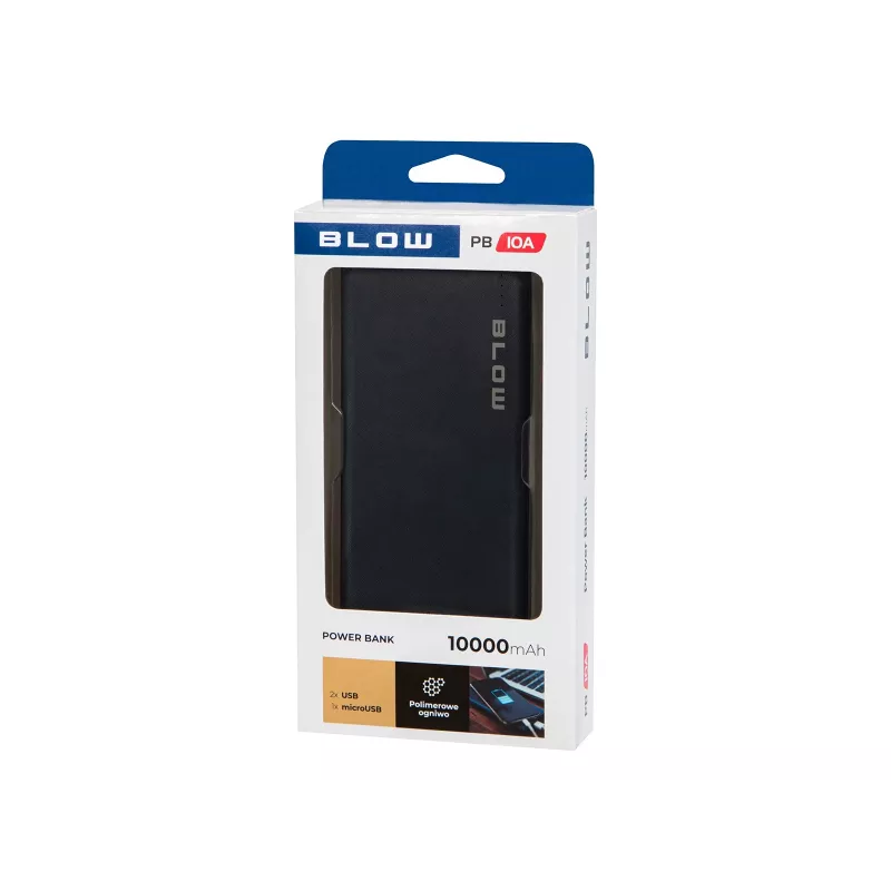 Przenośny powerbank BLOW PB10A 10000mAh bateria polimerowa, 2x wyjścia USB-A, 22,5W łącznie, wejście Micro‑USB, czarny