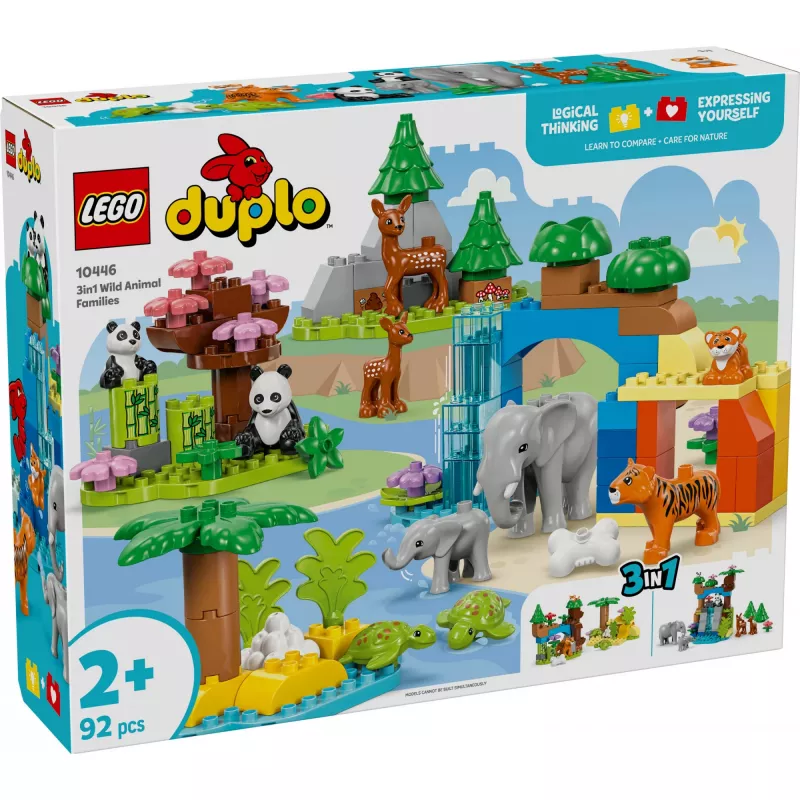 Zestaw LEGO DUPLO Town Rodziny Dzikich Zwierząt 3-w-1 10446 — 92 elementy, wiek 2+, 200×220×340 mm