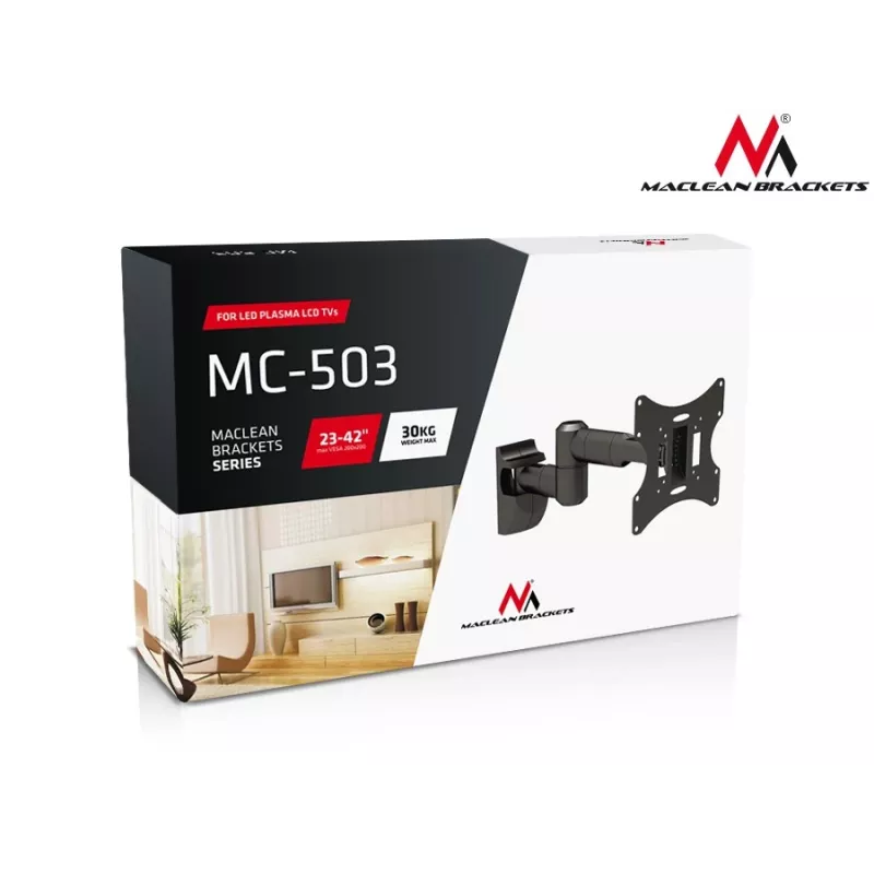 Uchwyt ścienny MACLEAN MC-503A S do ekranów 23–42 cale, pochylenie ±20°, VESA 75×75–200×200, 30 kg, srebrny