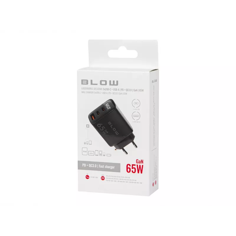 Gniazdo USB ładowarki ściennej LCD + USB-Cx2 PD 65W GAN czarne watomierz