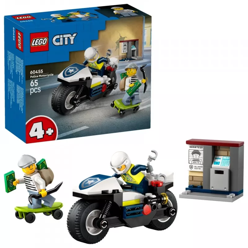 Zestaw LEGO City Pościg na motocyklu policyjnym 60455 — 65 elementów, 2 minifigurki, wiek 4+
