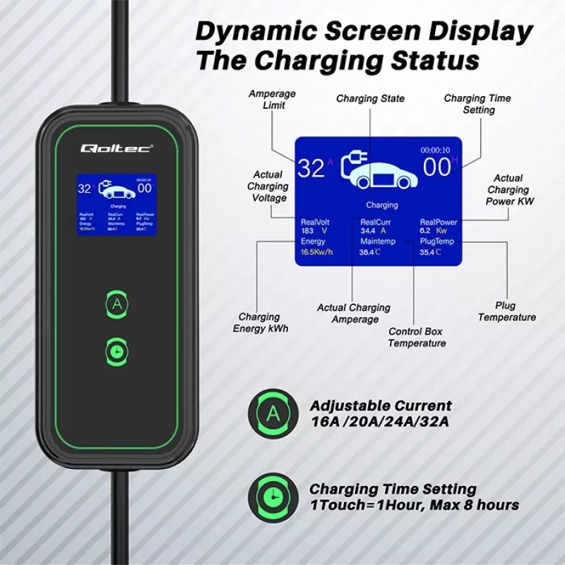 Qoltec Mobilny Ładowarka EV do Samochodu Regulowana 2w1 Type2 | 7kW | 230V | CEE 3 PIN | Wi-Fi | LCD | Przenośna | Wallbox | 5m