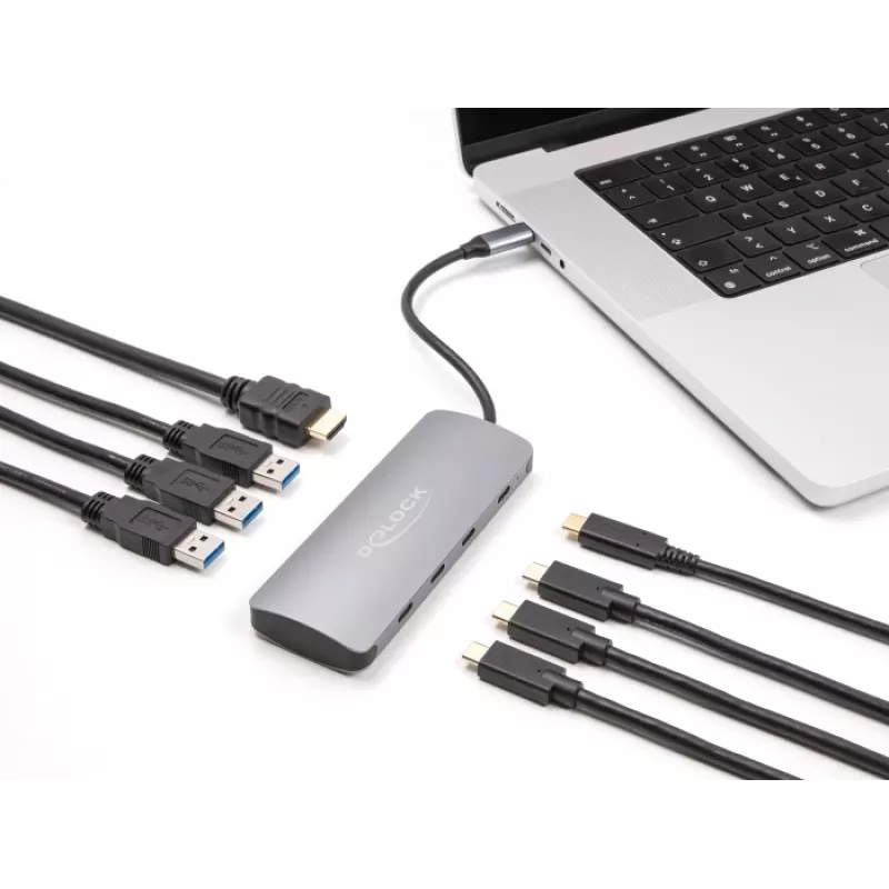 Hub USB-C DELOCK 64323 — host USB 3.2 Gen 2 Type-C, HDMI + 2× USB-A + 2× USB-C, 10 Gbit/s, szary
