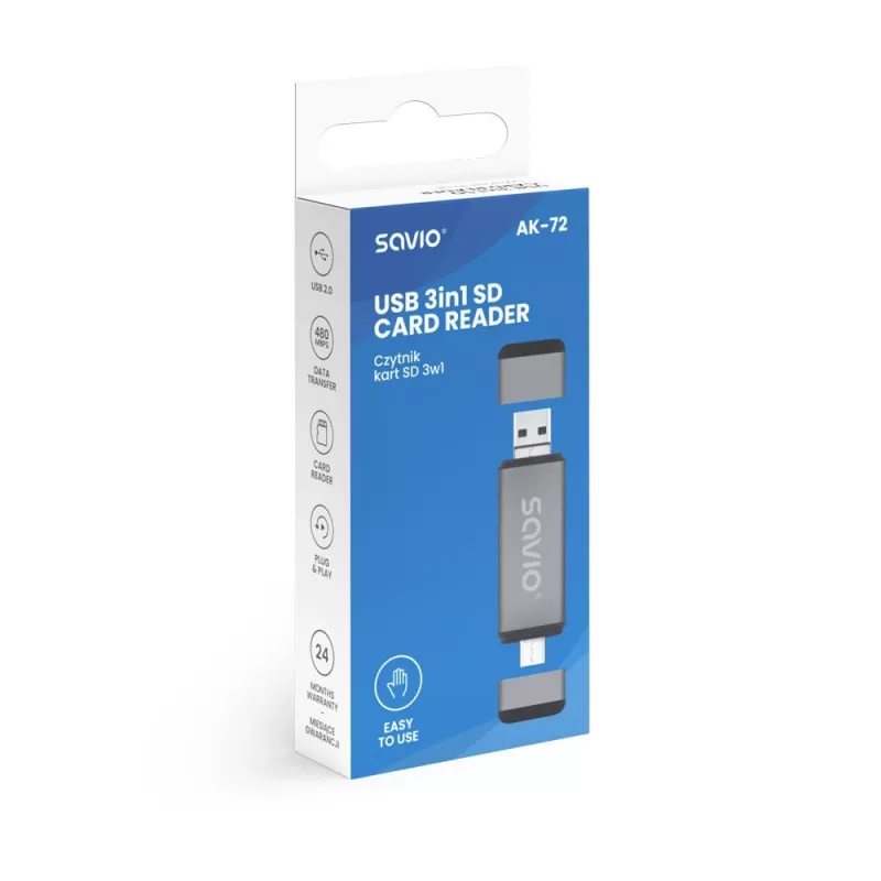 Czytnik Kart SD 3w1, USB-C + USB-A 2.0 + Micro USB