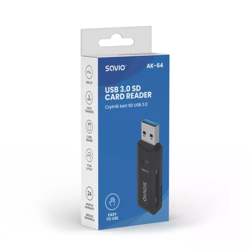 Czytnik kart SAVIO AK-64 USB 3.2 Gen 1 wyjście Type-A, slot MicroSD, 5000 Mbit/s, czarny
