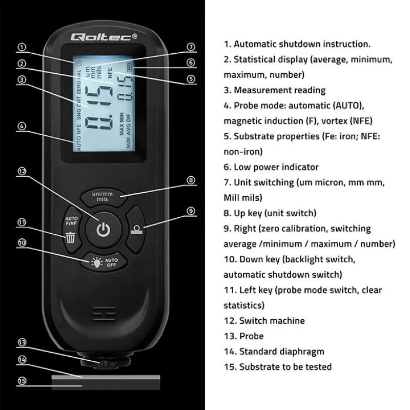 Miernik grubości powłok QOLTEC 50646 LCD 0–2000 µm