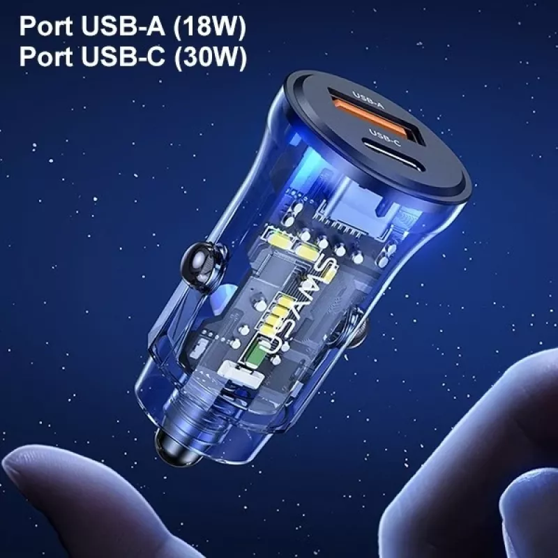 Ładowarka samochodowa usams CC164CC01 30W z 1×USB-A i 1×USB-C do szybkiego ładowania