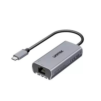 Adapter USB-C do RJ45 Unitek U1343AGY01 — Ethernet 5 Gb/s, USB-C (męski) do RJ45 (żeński), szary, kabel 0,15 m
