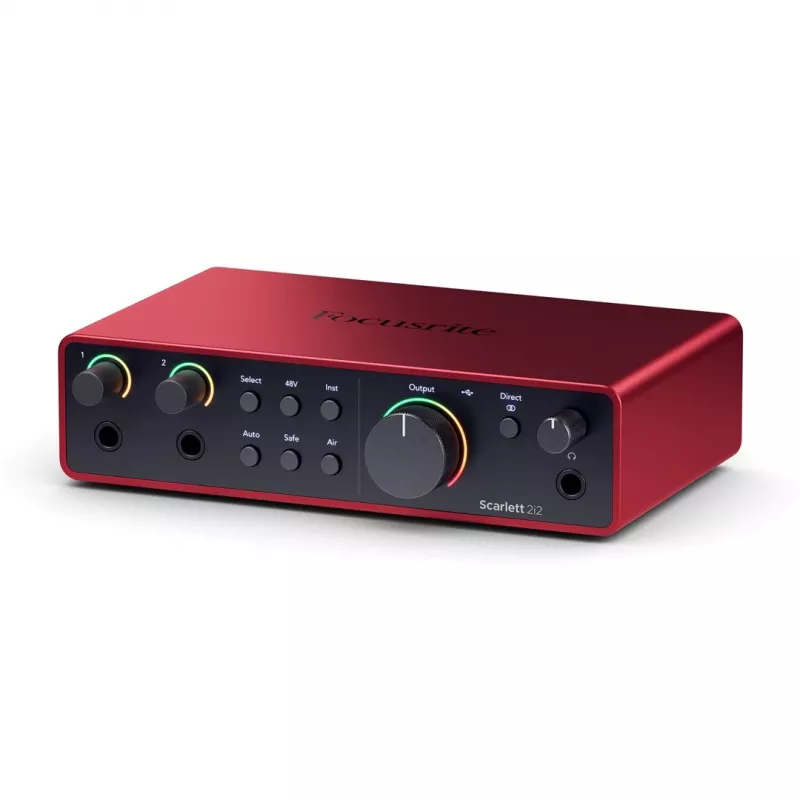 Interfejs audio Focusrite Scarlett 2i2 4. generacji — 2-we/2-wy USB-C, 24-bit/192 kHz, przedwzmacniacze 69 dB, desktop, czarny/czerwony