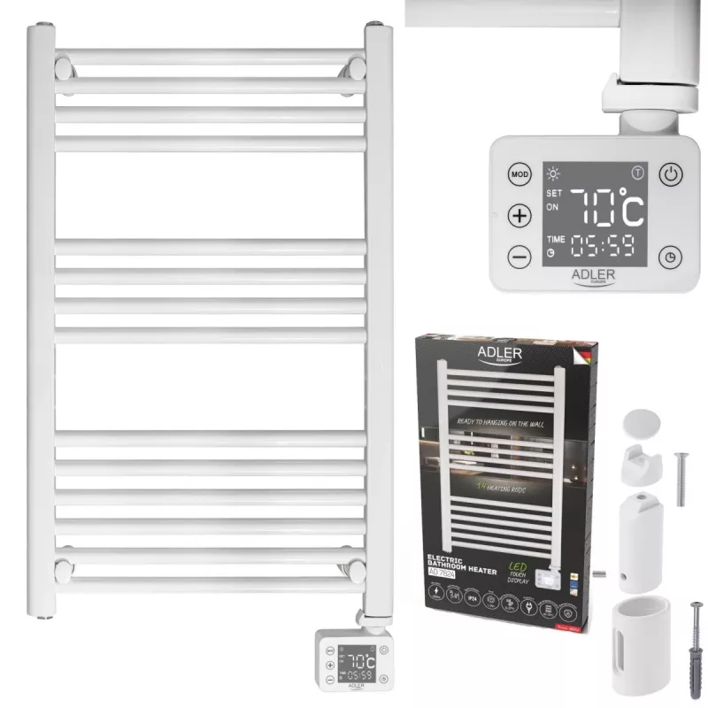 Elektryczny grzejnik łazienkowy Adler AD 7824 600 W, biały, IP24, do montażu na ścianie, 500×900 mm
