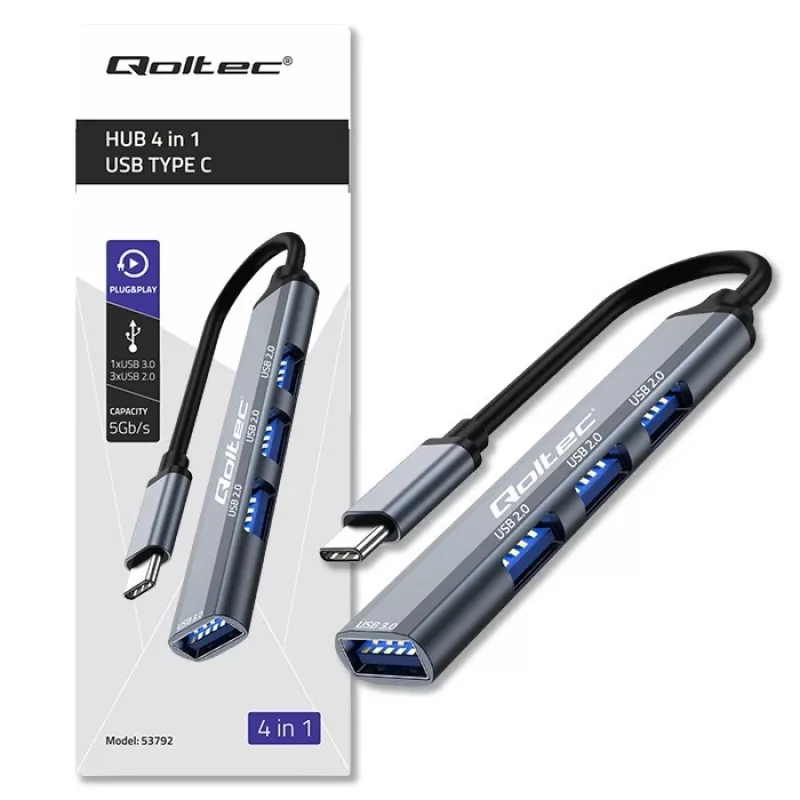 Hub USB QOLTEC 53792, USB-C 3.1 na 4 porty (USB 3.0 x1, USB 2.0 x3)