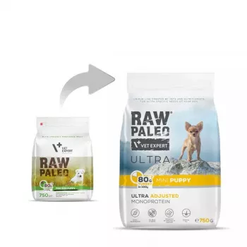 Sucha karma dla psa VETEXPERT Raw Paleo Ultra Mini Puppy Turkey 750 g — karma dla szczeniąt małych ras, 30% białka, 14% tłuszczu