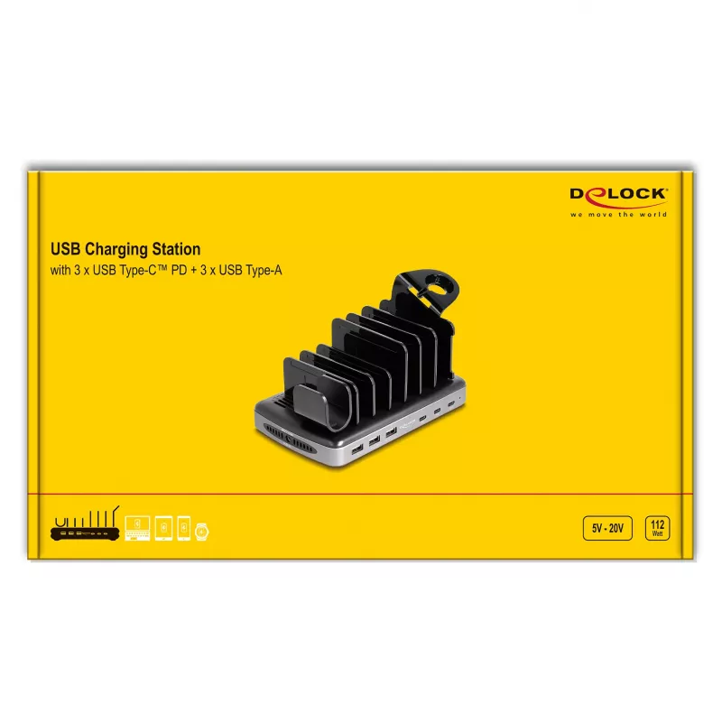 DeLOCK Stacja ładująca USB 3 x USB Type-C PD 3 x USB Type-A 112 W