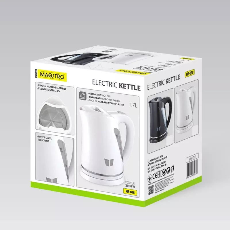 Czajnik elektryczny Maestro MR-038-biały, 1,7 l, 2000 W, bezprzewodowy, automatyczne wyłączanie